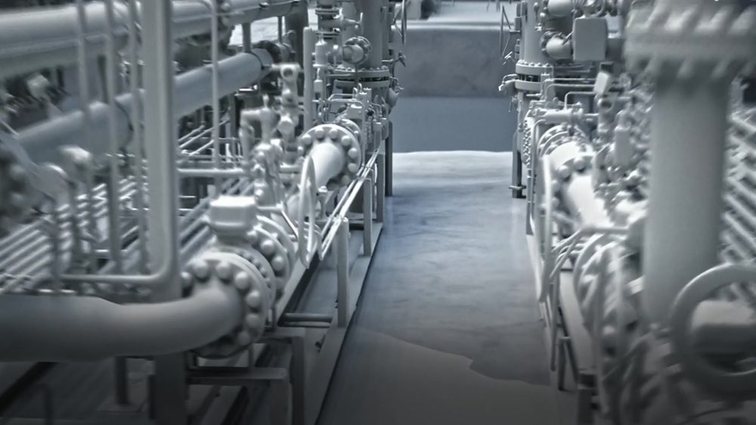 A dense point cloud of process piping inside an industrial plant, rendered without colour