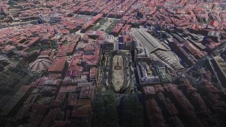 An aerial 3D reconstruction of a dense European city block, viewed from above