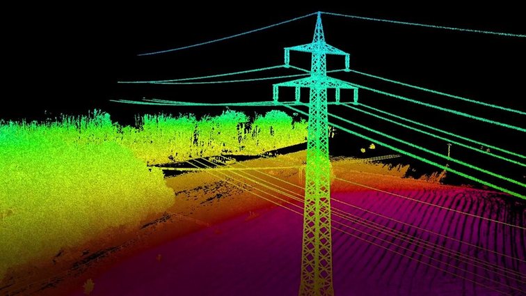 A LiDAR point cloud of a transmission line corridor, coloured by elevation from magenta at ground level to cyan at the top of the pylon