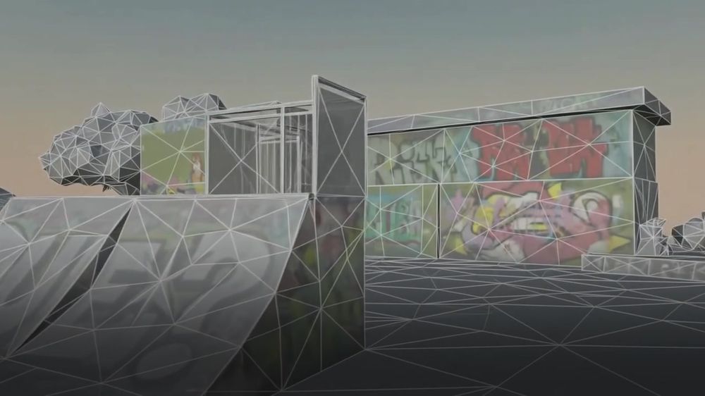 The same wall and skate park rendered as bare untextured geometry